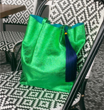 NEW The 'Bessie' Italian Leather Shopper in luxurious Love Bird Green & Navy Blue Tassel