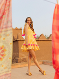 PIPPA SHORT DRESS GINGHAM YELLOW / PINK POMPONS