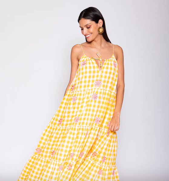 MAUREEN LONG DRESS GINGHAM YELLOW / PINK SUN CUT