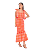 PIPER LONG DRESS BIG GINGHAM NEON CORAL