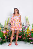 PIPPA SHORT DRESS FLOWERS / FLAMINGO POMPONS